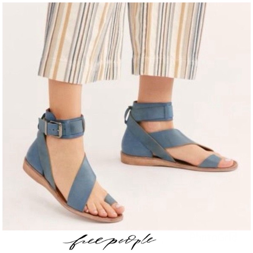 FREE PEOPLE Vale Blue Leather Ankle Buckle Strap Flat Boot Sandals Sz 41 NWOB
